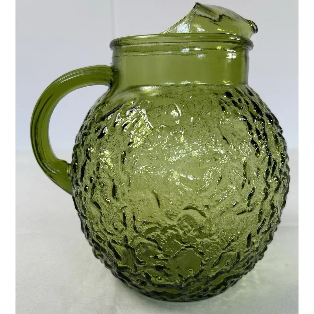 Vintage 1970s Anchor Hocking Milano/Lido Avocado Green Crinkle Ball Pitcher